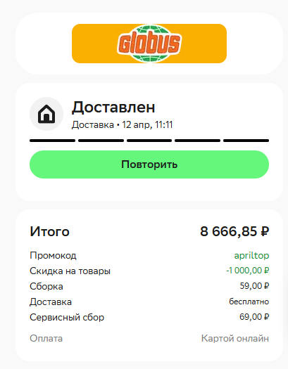 Заказ в Глобусе 12 апреля 2026